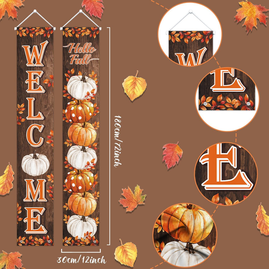 Fall Pumpkin Porch Banner Autumn Thanksgiving Door Decorations | Welcome & Hello Fall Sign Door Decorations Wooden