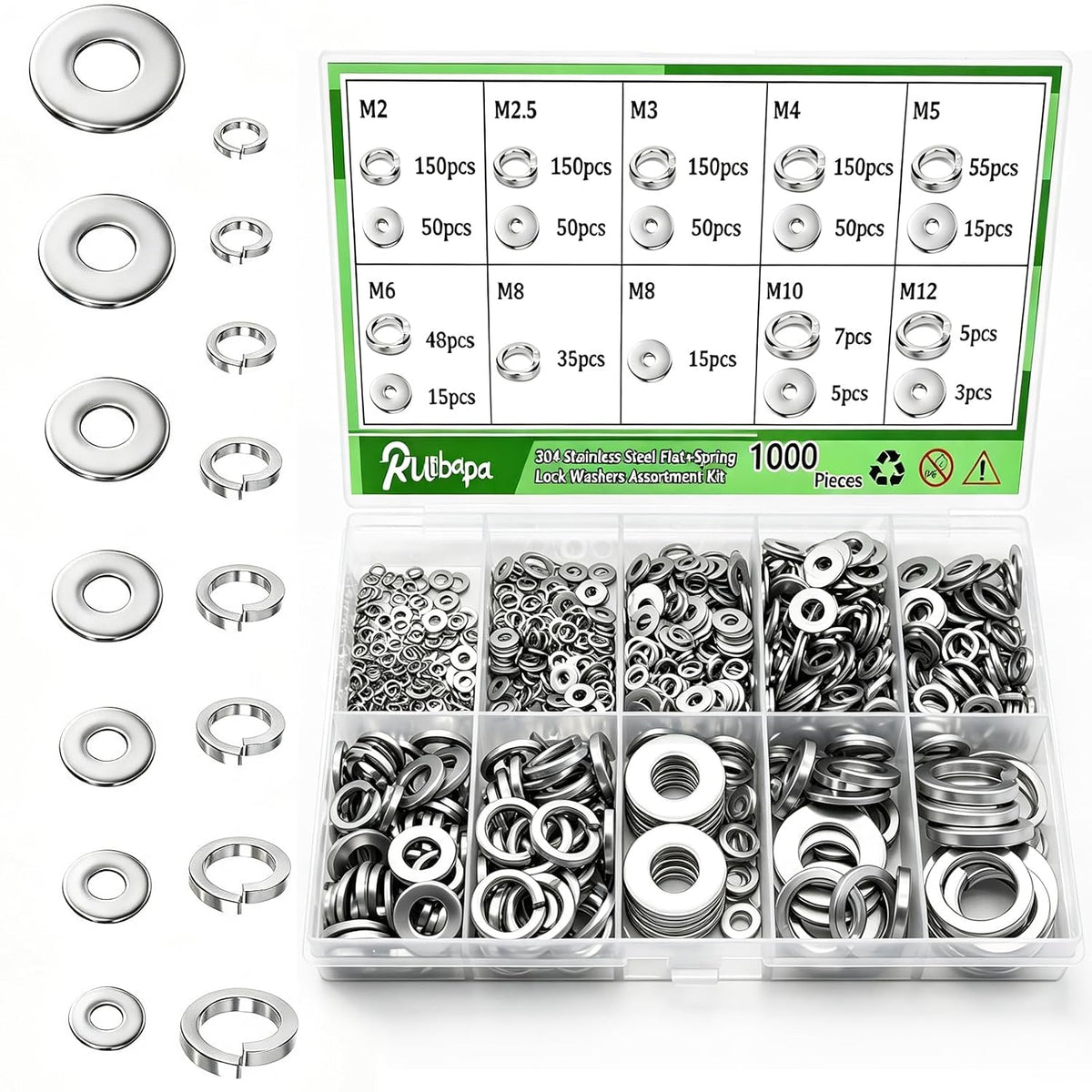 1000Pcs Flat Washer and Spring Lock Washers Assortment Kit,9 Metric Sizes