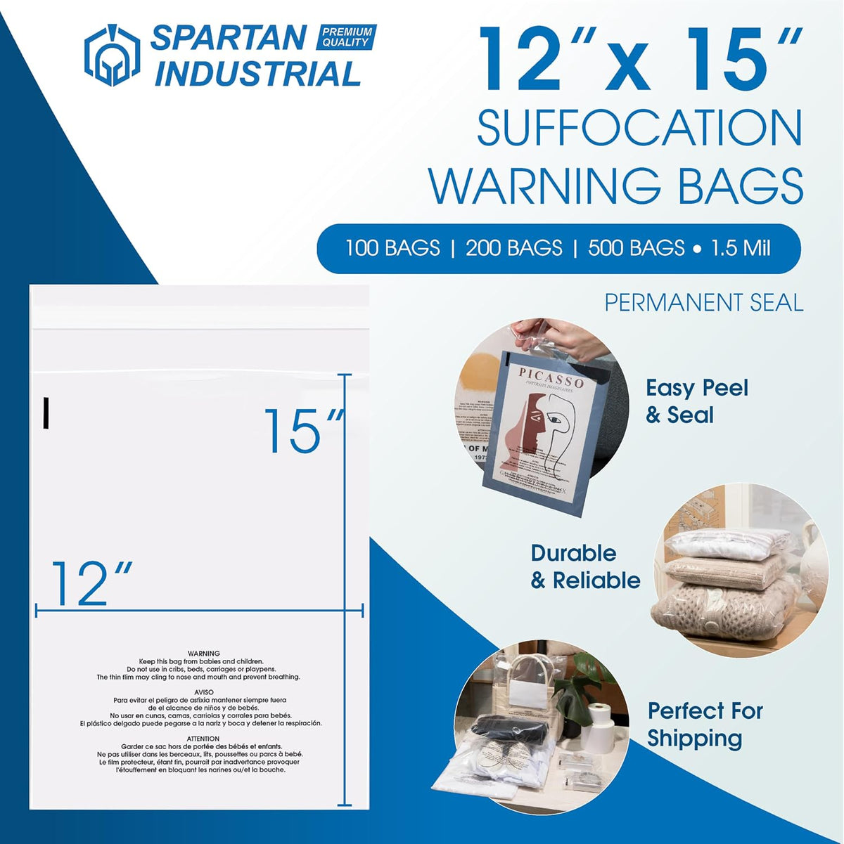 12” X 15” (100 Count) Self Seal Clear Poly Bags with Suffocation Warning