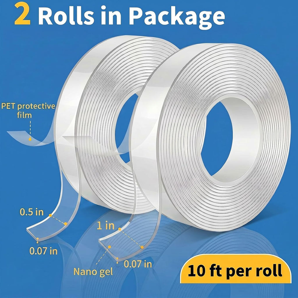 Double Sided Adhesive tape Heavy Duty, Double Stick Mounting (2 Rolls, Total 20FT), Clear Two Sided Wall tape Strips