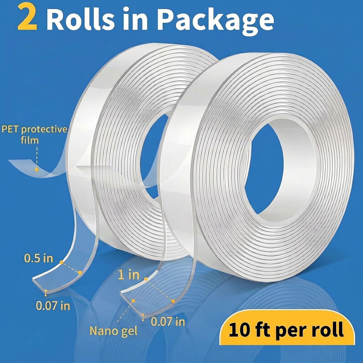 Double Sided Adhesive tape Heavy Duty, Double Stick Mounting (2 Rolls, Total 20FT), Clear Two Sided Wall tape Strips