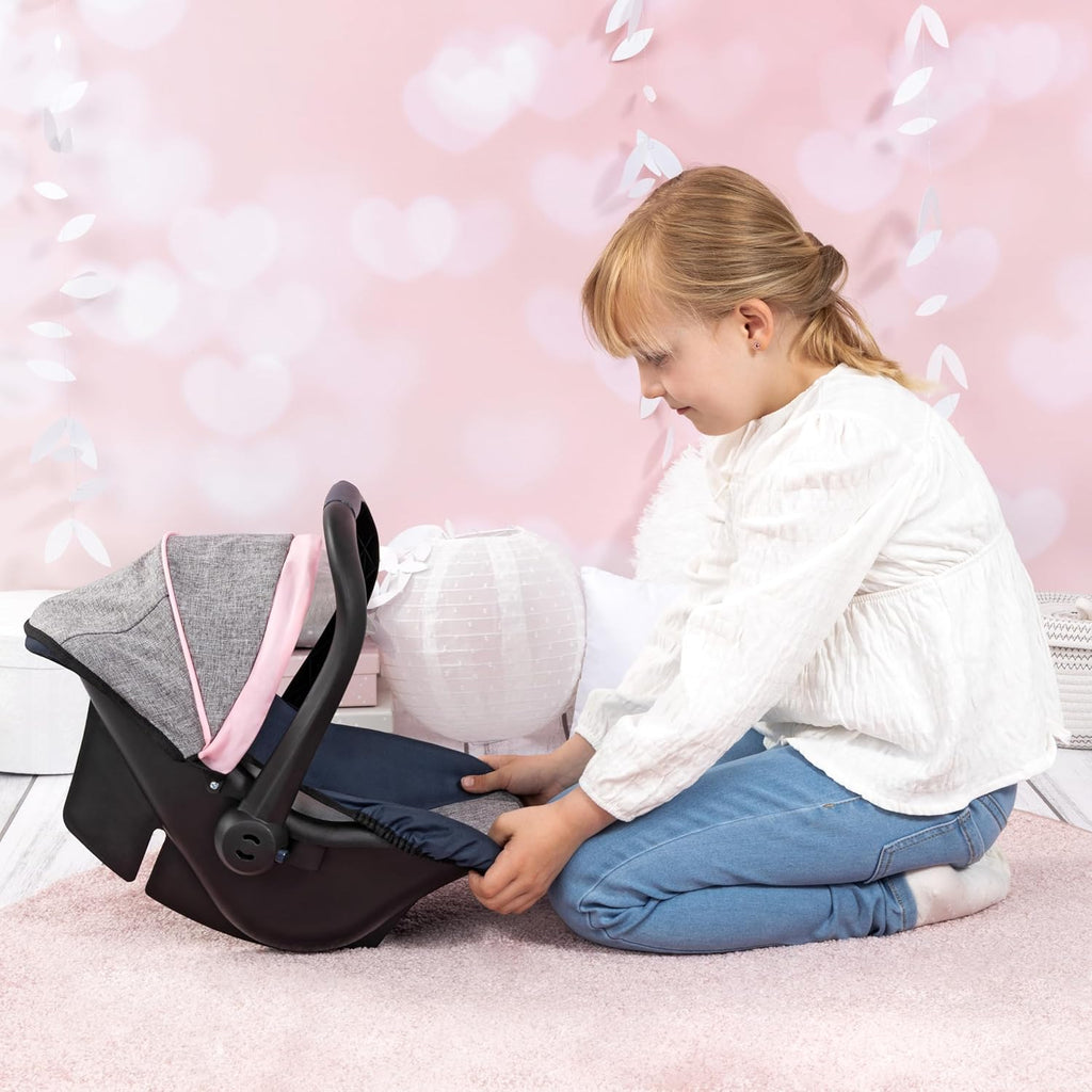 Design Dolls: Car Seat - Grey, Blue, Pink Butterfly - Fits Dolls Up to 18' Kids Pretend Play, Safety Belt, Sun