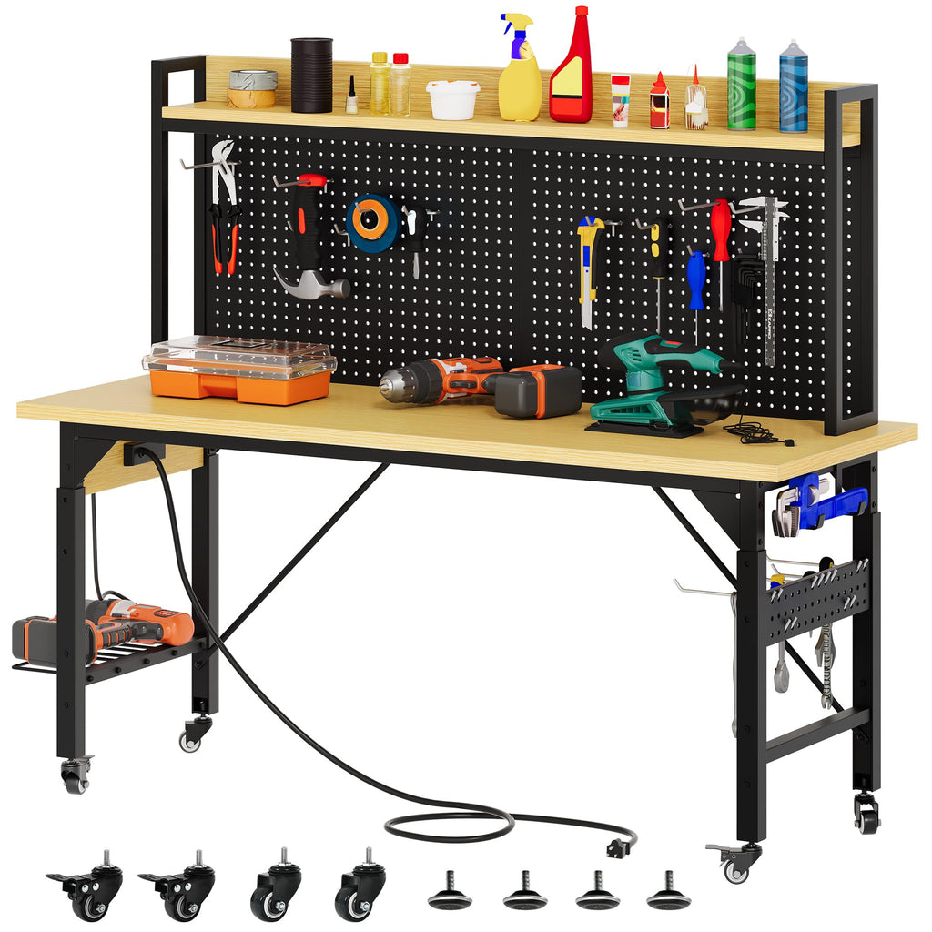 60in Adjustable Workbench with Pegboard & Wheels 1600lb Load
