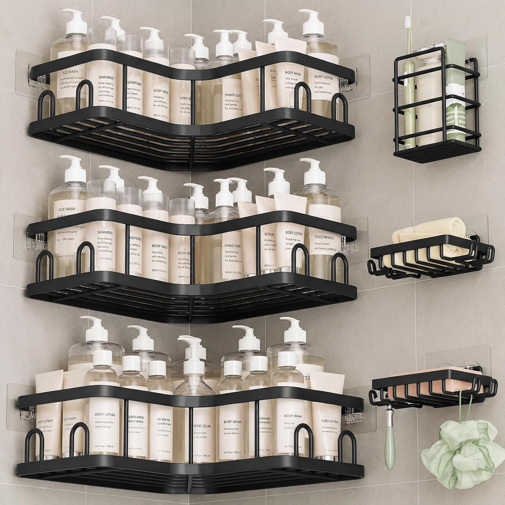 Large Capacity Corner Shower Caddy 6-Pack, Advanced Rustproof Design | No Drilling Adhesive Shelves, High-Load Rack