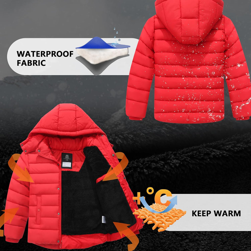 Boy's Quilted Winter Jacket Waterproof Down Coat Puffy Hooded Parka | Warm Jacket with Detachable Hood Windproof