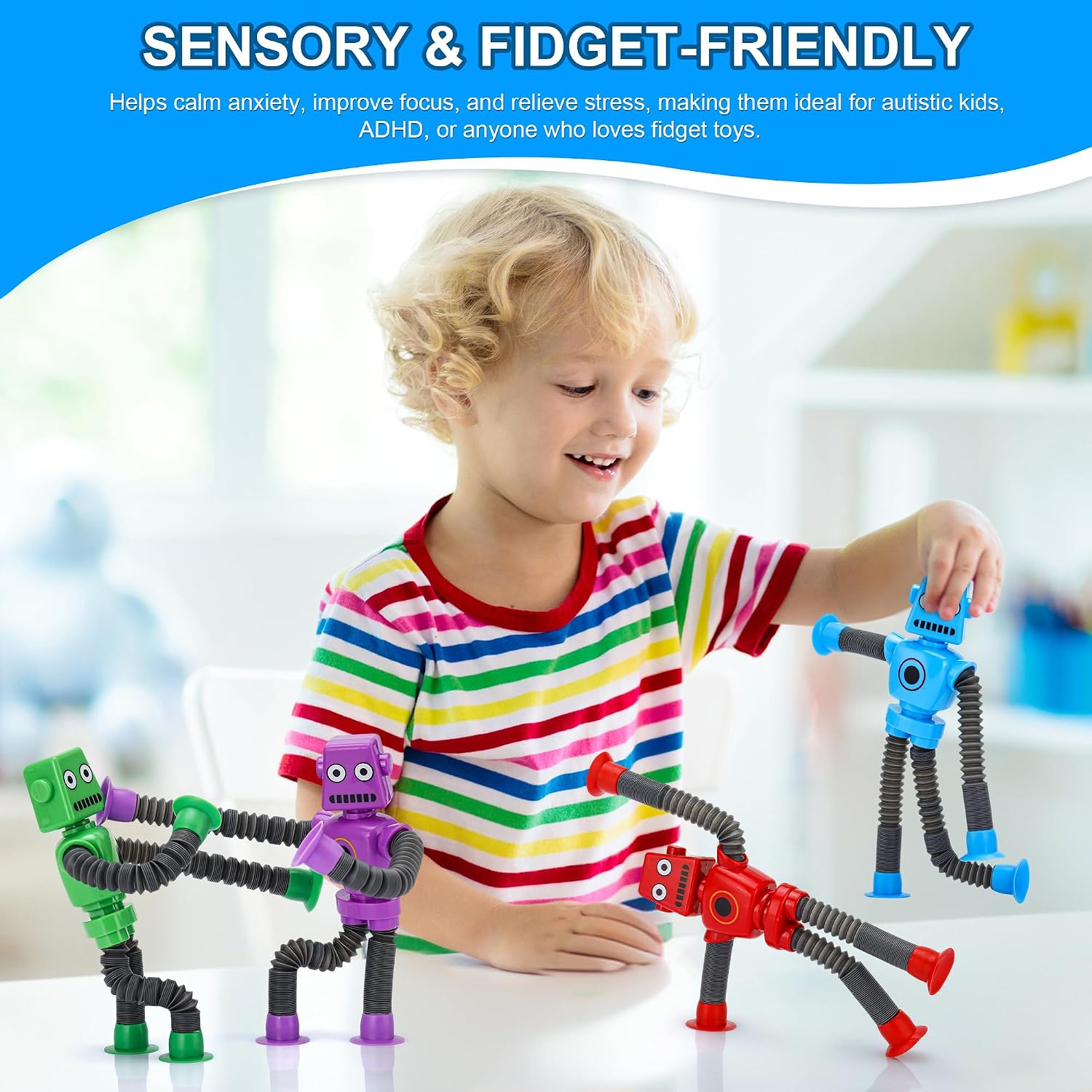 Robot Sensory Pop Tubes Toys 6PCS for Toddlers Boys Age 3-8, Suction Cup Stretchy Fidget Toy, Travel Toys, Autism