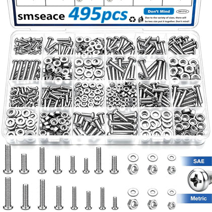 495Pcs SAE&Metric Nuts and Bolts Assortment Kit 26-Sizes M3/M4/M5#6-32#8-32#10-24 Phillips Pan Head Nut Bolt Washer