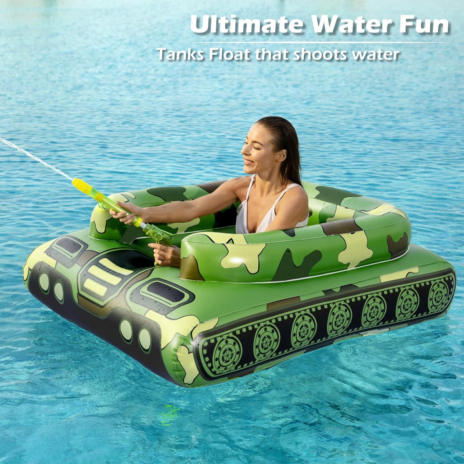 Tank Pool Floats Kids Adults - Jasonwell Inflatable Pool Floaties Swimming Pool Tank with Water Cannon Gun Swim