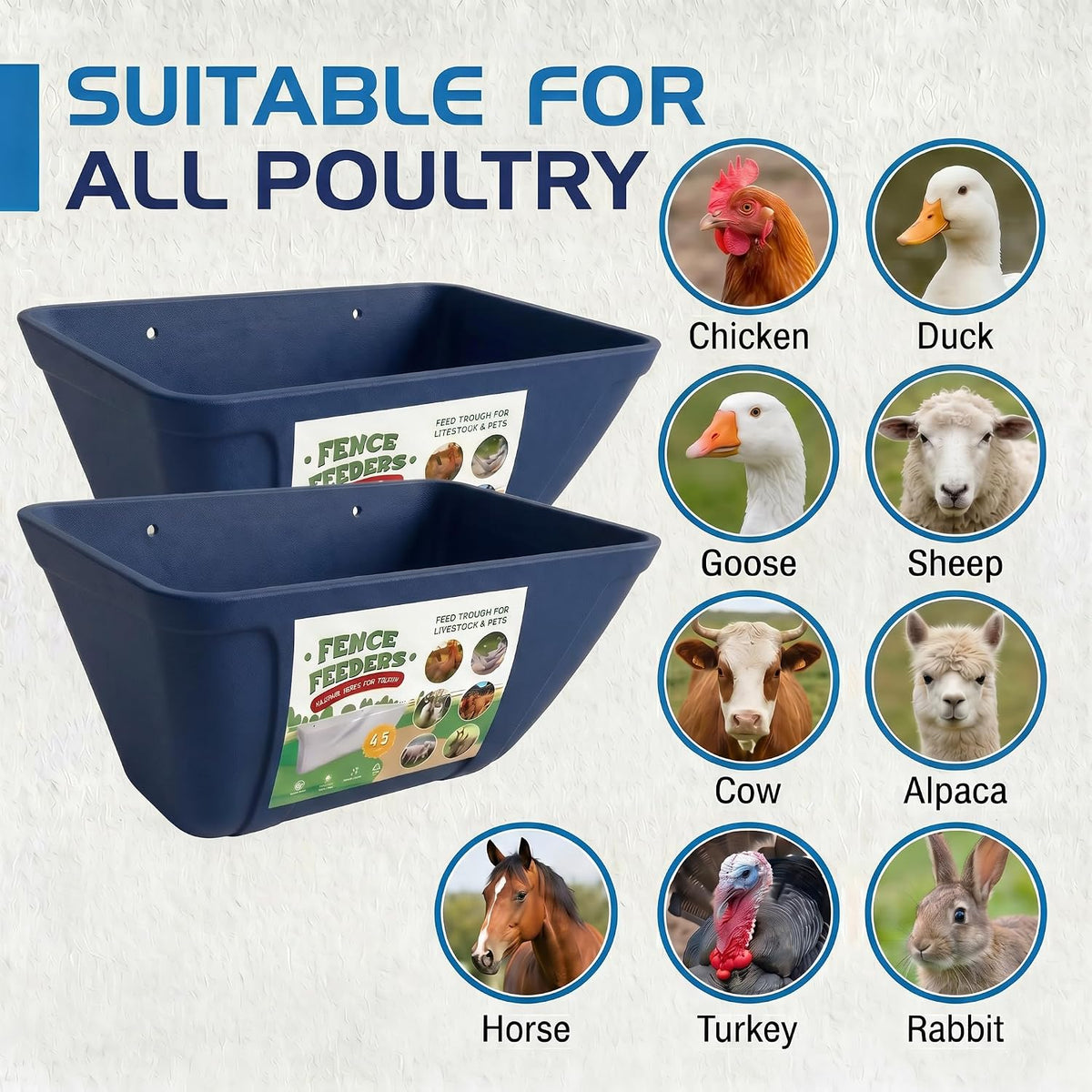 Hanging Chicken Feeder Waterer Heavy Duty BPA-Free Plastic Feed Trough, Fence Mount Livestock Feeding Bucket