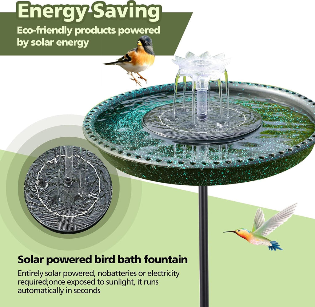 Bird Bath with Solar Powered Fountains for Hummingbirds,Stable Stylish Design with 5-Prong Base Stake Plastic Bird