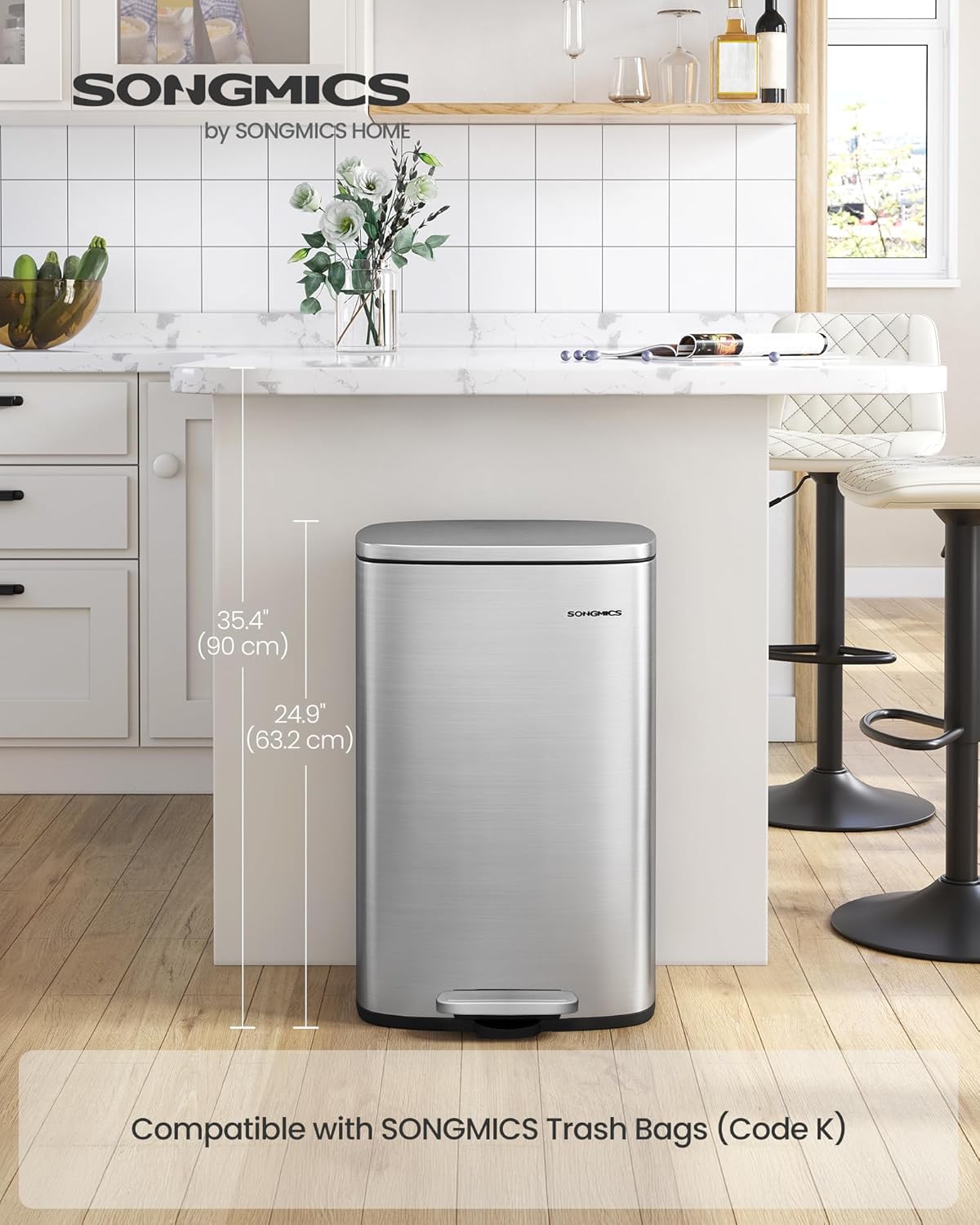 13 Gallon (50 L) Trash Can, Stainless Steel Kitchen Garbage Can, Recycling or Waste Bin, Soft Close, Step-On Pedal