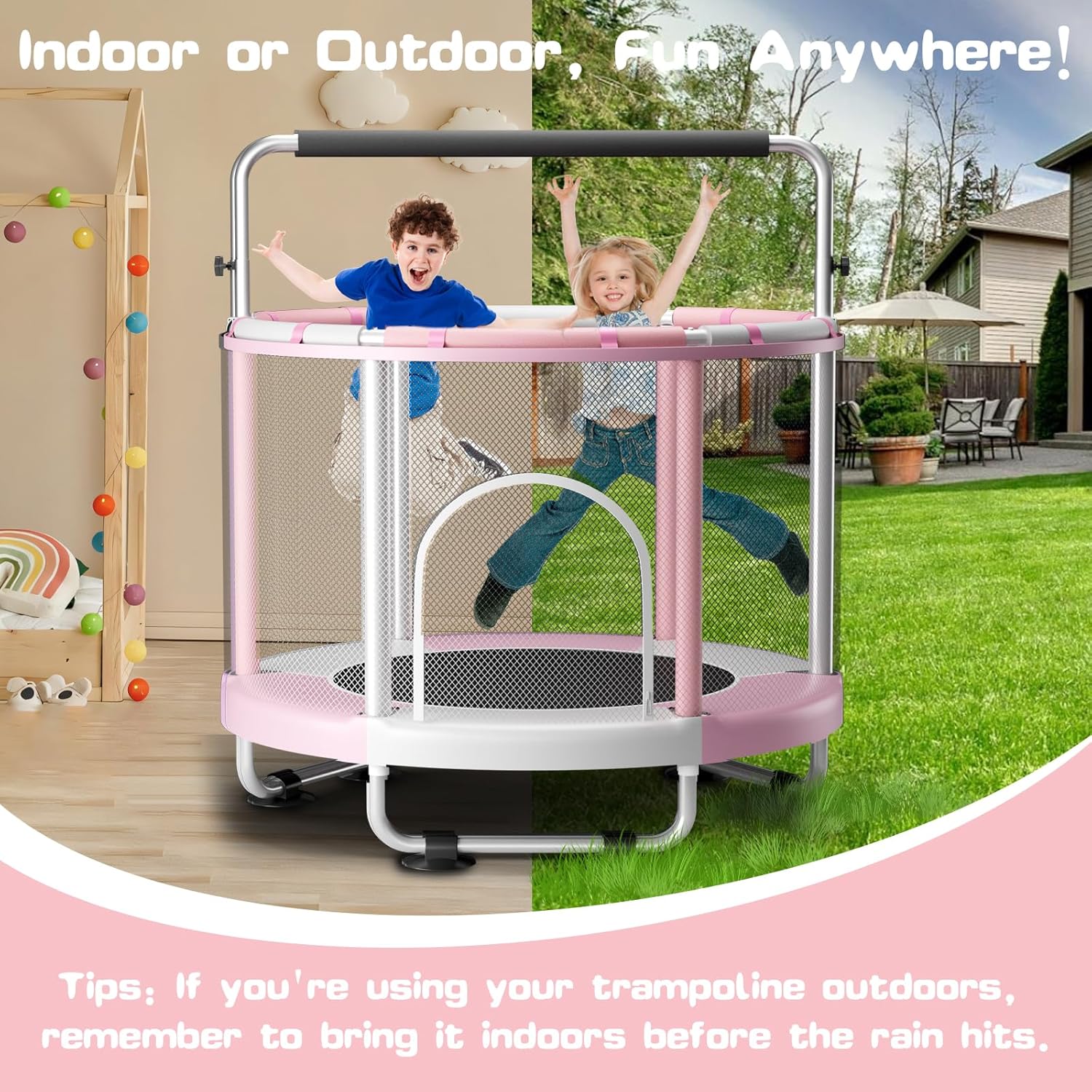55" Trampoline for Kids with Enclosure, 440lbs Capacity Indoor & Outdoor Toddler Trampoline with Adjustable