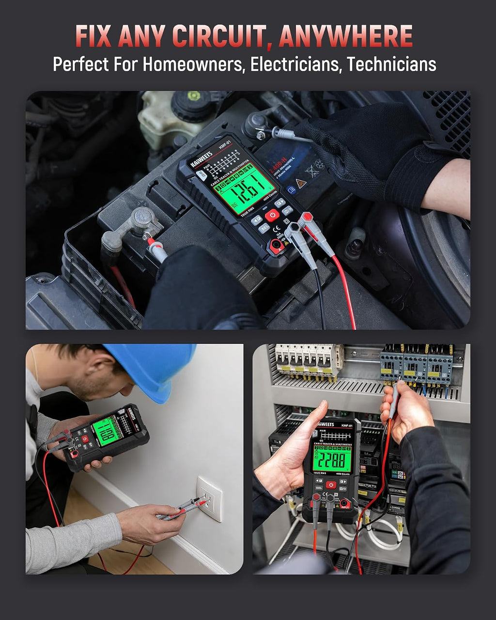 3-in-1 Multimeter & Cable Tracer Kit, Auto-Ranging Digital Multimeter with True RMS 4000 Counts, RJ45/RJ11 Wire