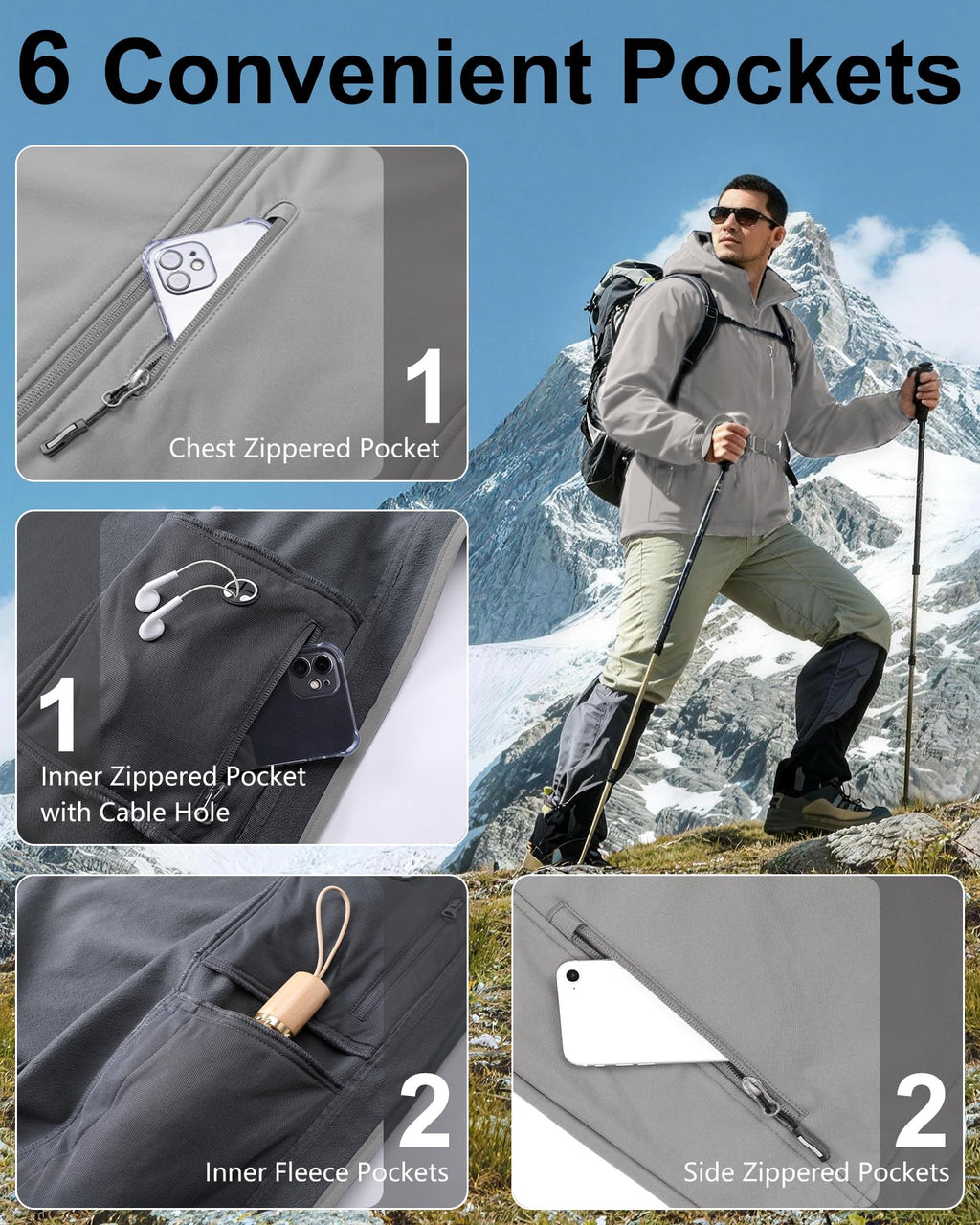 Men's Softshell Jacket Waterproof Fleece Rain Shell Coat