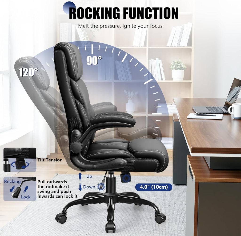 Office Chair, Ergonomic Leather Desk Chair with Flip-up Armrests, Big and Tall High Back Executive Computer & Gaming