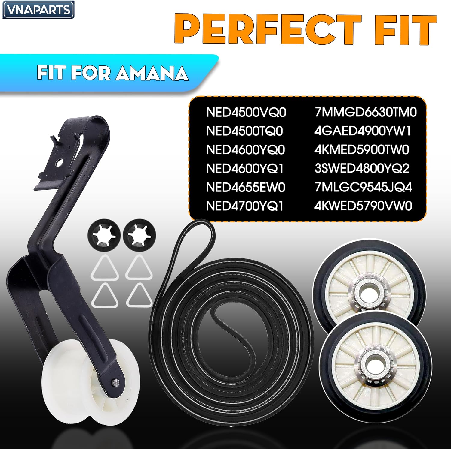 For Amana NED4655EW1 NED4600YQ1 NGD4655EW2 NED4600YQ0 Dryer Repair Kit | Rollers 14210017, Belt 341241, Idler Pulley