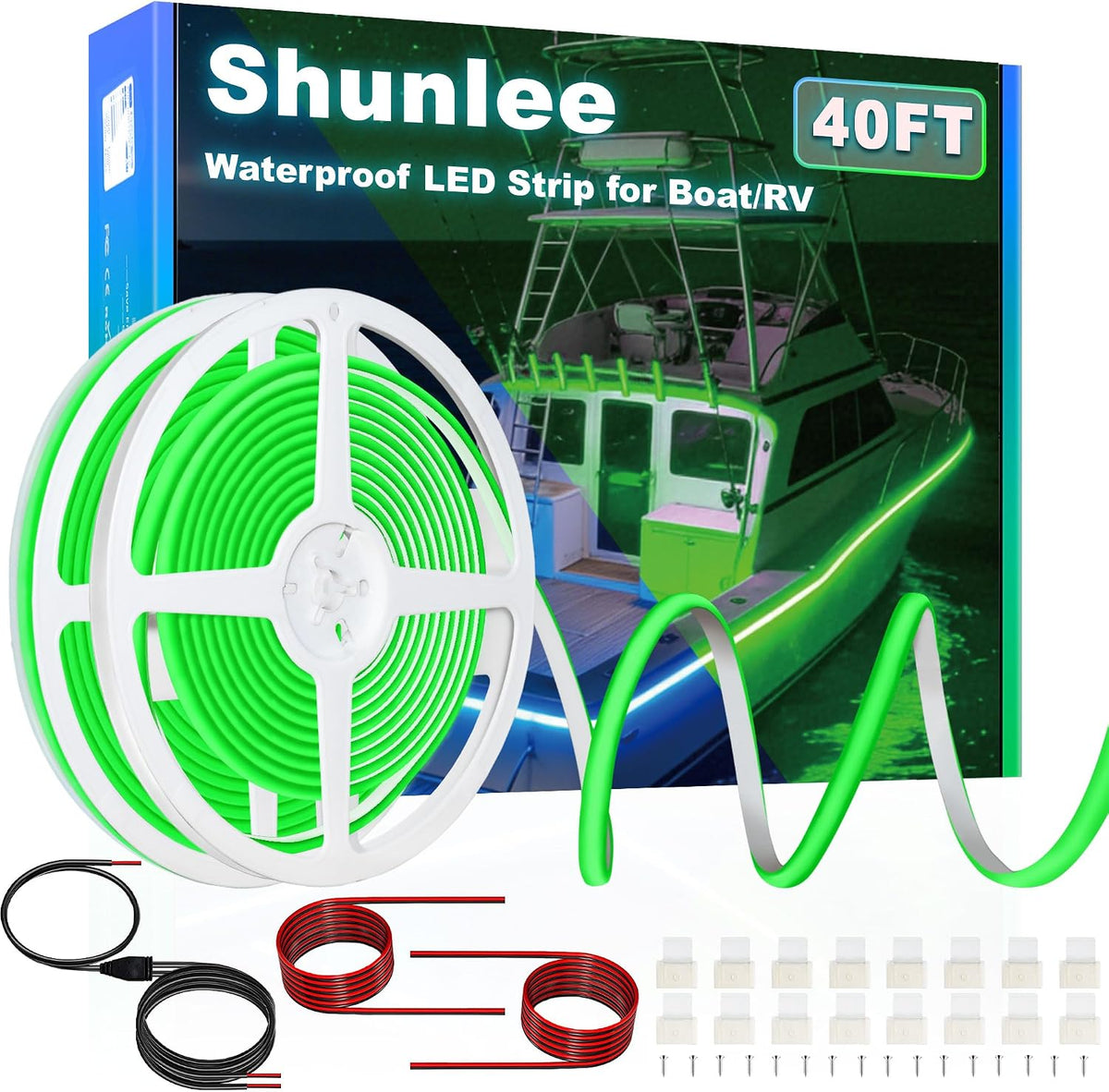 SHUNLEE 40FT Led Boat Lights Green, IP67 COB Waterproof Marine Led Lights