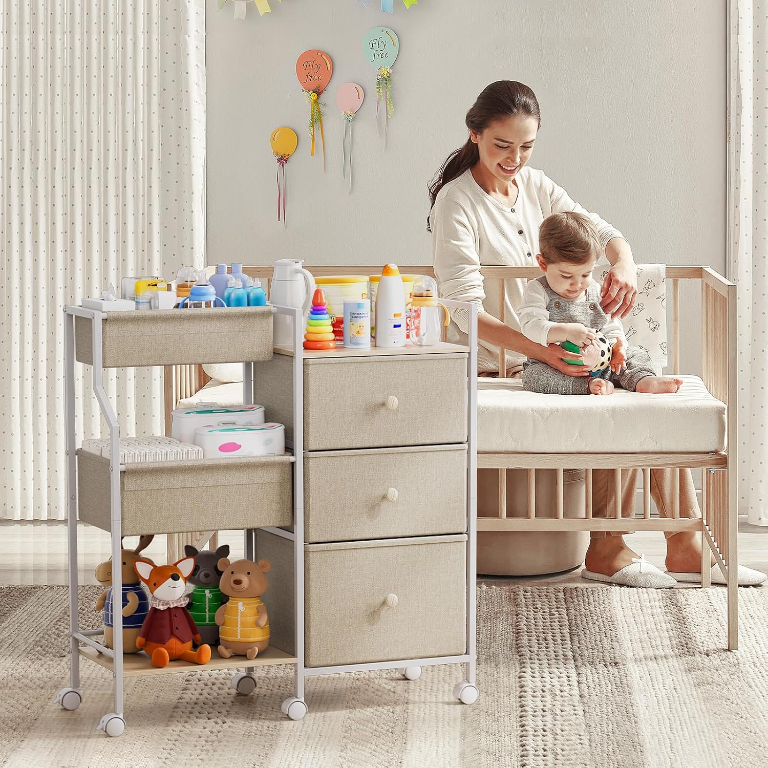 Baby Organizer and Storage - 3 Tier Rolling Cart with Dividers and Drawers, Easy To Assemble, Mobile Utility Cart