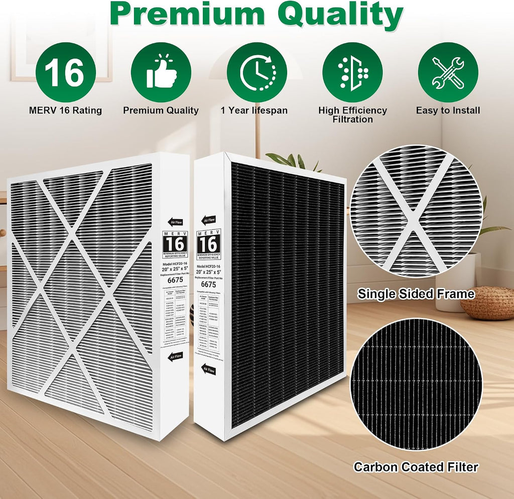 X6675 20x25x5 in. MERV 16 HVAC Furnace Air Filter, 2-PACK | Carbon-Infused, Fits Lennox X6675 & HCC20-28 Furnace HVAC