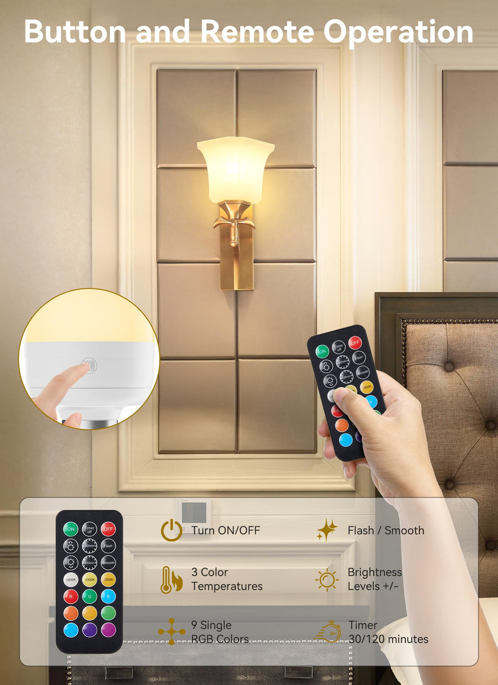E26 Rechargeable Light Bulbs with Remote and Timer, 2 Pack