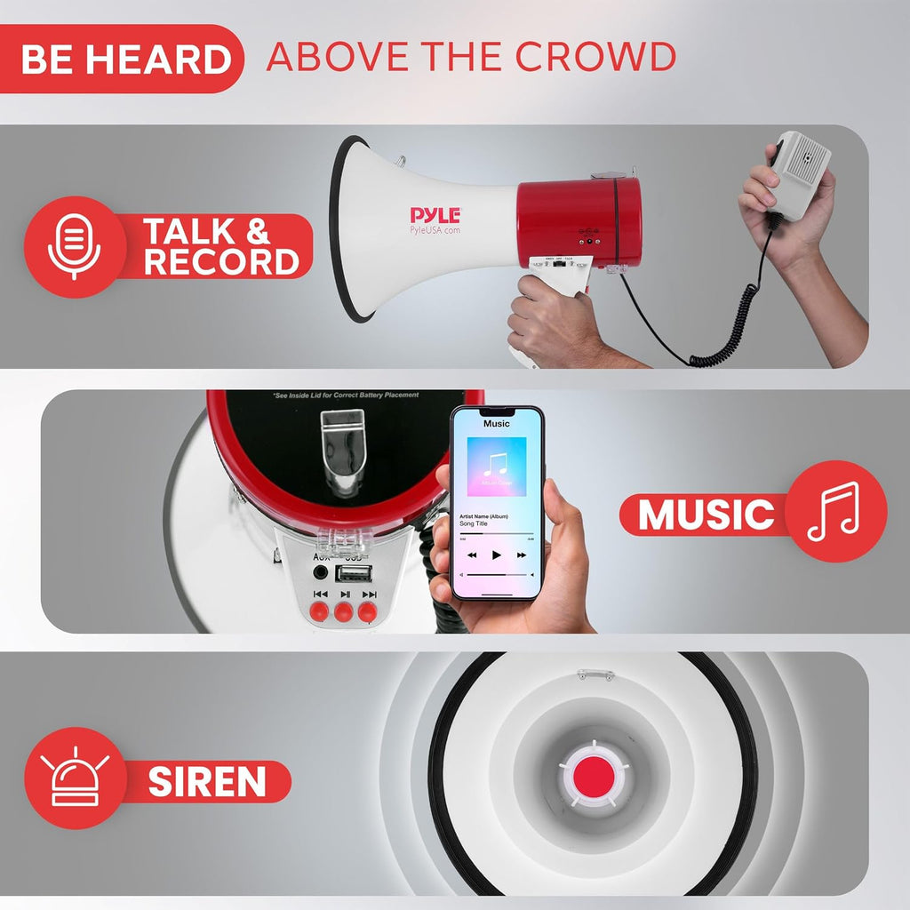 Megaphone 50W PA Bullhorn - Built-in Siren, Adjustable Volume Control & 1760 Yard Range, Record Function - Ideal for