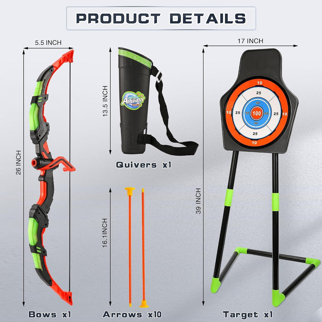 Archery Toy Set for Kids, LED Light Up Bow and Arrow Set with 10 Suction Cup Arrows, Standing Target & Quiver, Indoor