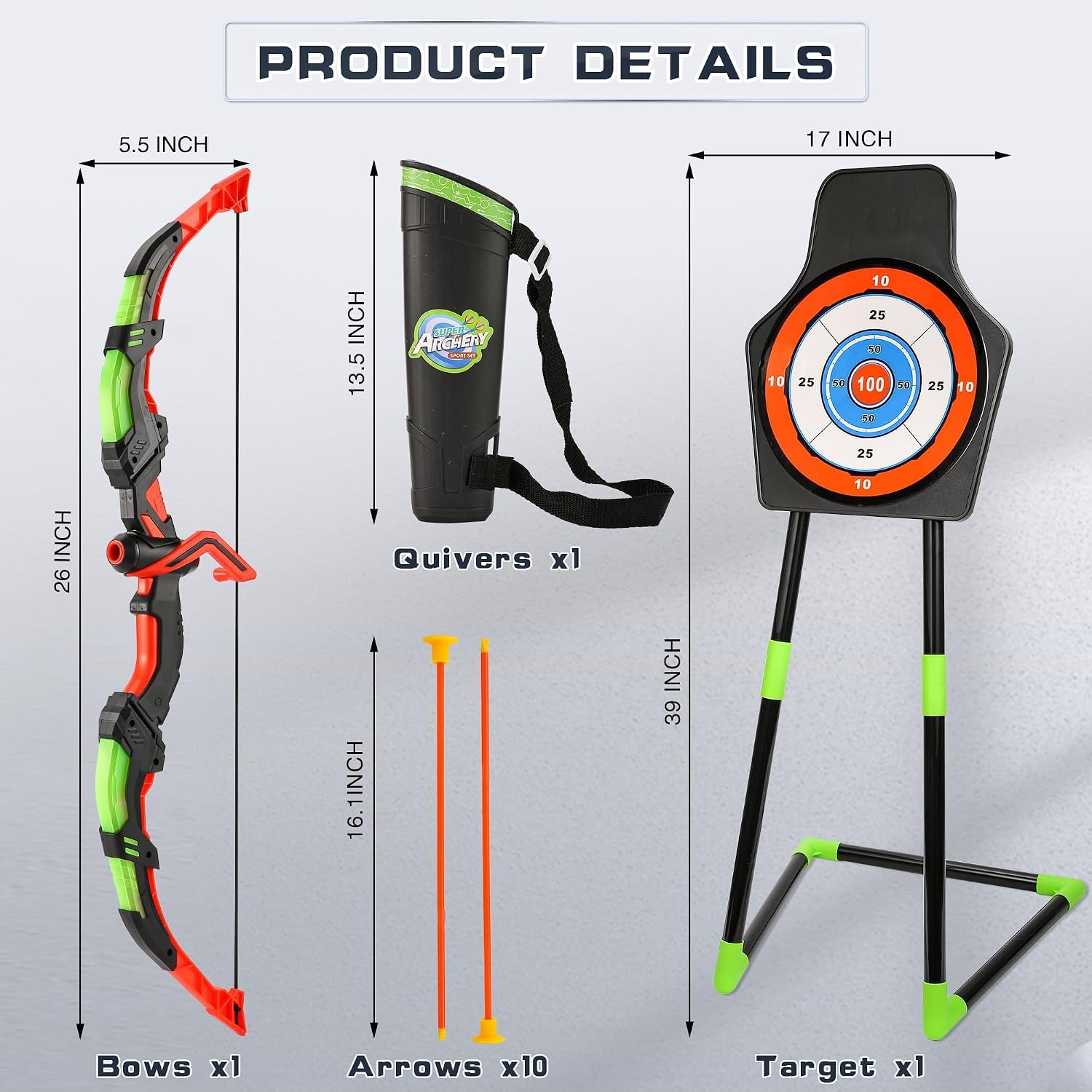 Archery Toy Set for Kids, LED Light Up Bow and Arrow Set with 10 Suction Cup Arrows, Standing Target & Quiver, Indoor