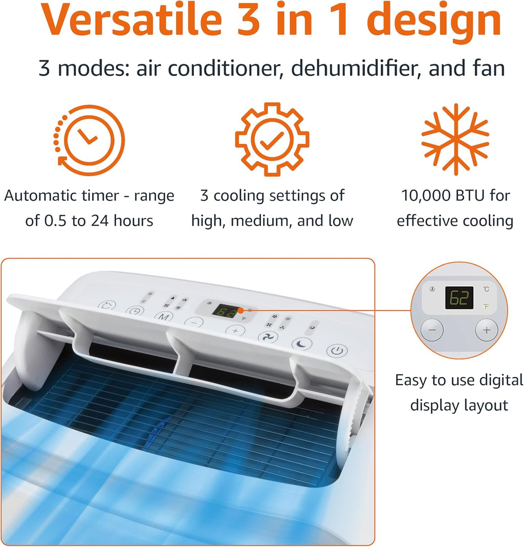 3-In-1 Portable Air Conditioner with Remote, Timer, Sleep Mode, Auto Swing, Dehumidifier, 10000 BTU (ASHRAE)/6000 BTU