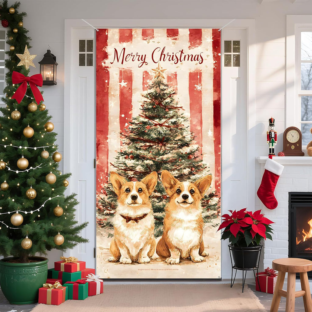 Christmas Front Door Decoration Set, Indoor Outdoor Holiday Porch Display with LED Garland, Wreath, Santa Figure
