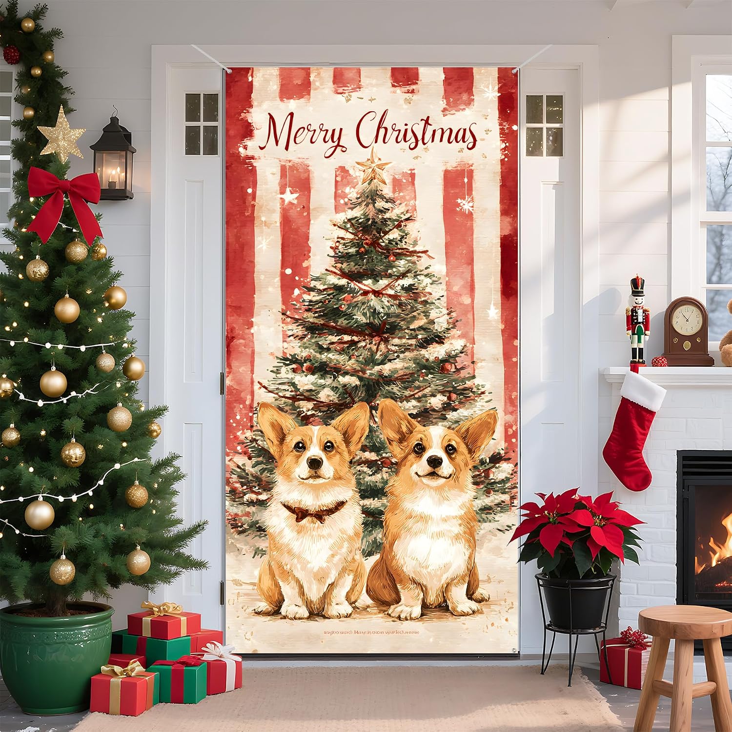 Christmas Front Door Decoration Set, Indoor Outdoor Holiday Porch Display with LED Garland, Wreath, Santa Figure