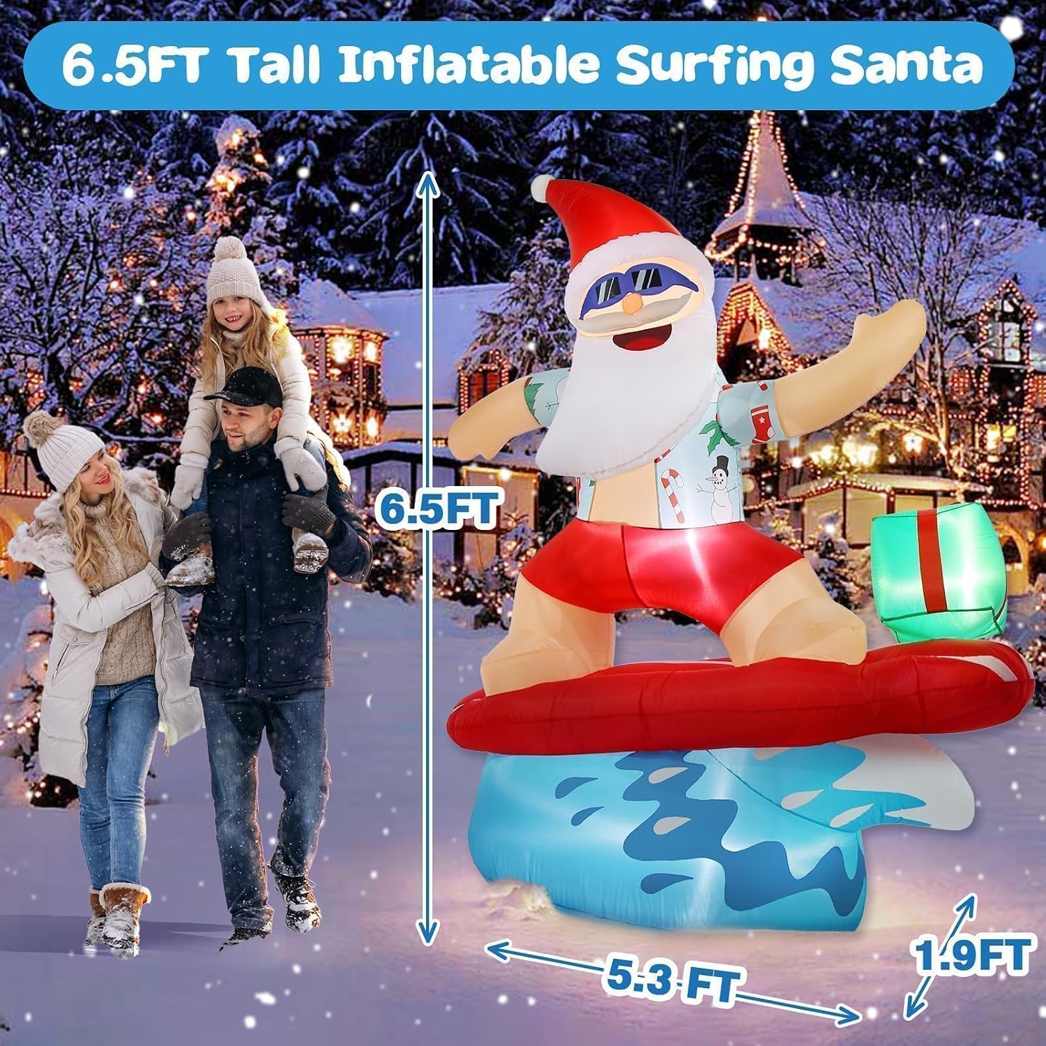 Christmas Inflatable Santa Claus Decorations Outdoor 6.5FT Hawaiian Surfing Giant Large Tall Funny Blow up Xmas Yard