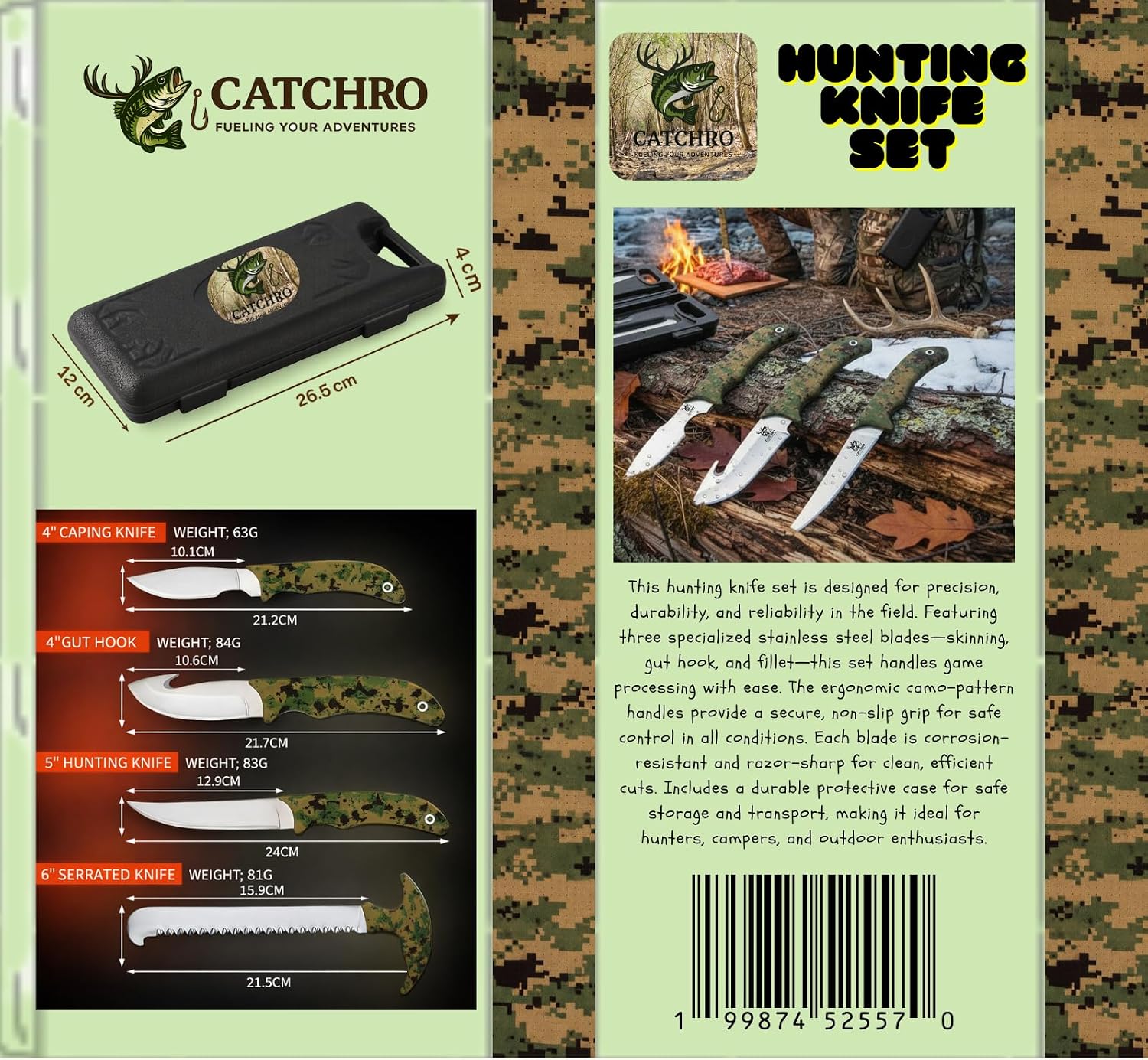 CATCHRO Hunting Knife Set 4 PCS Deer Gutting Kit with Bone Saw, Skinning Knife & Gut Hook Knife – Outdoor Knife Set