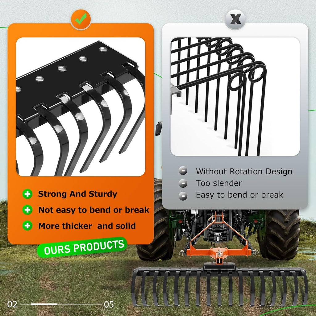 50" 3 Point Landscape Rock Rake for Category-0 Cat-0 Tractor with | 360° Rotation Replaceable Spring Tines and Pin