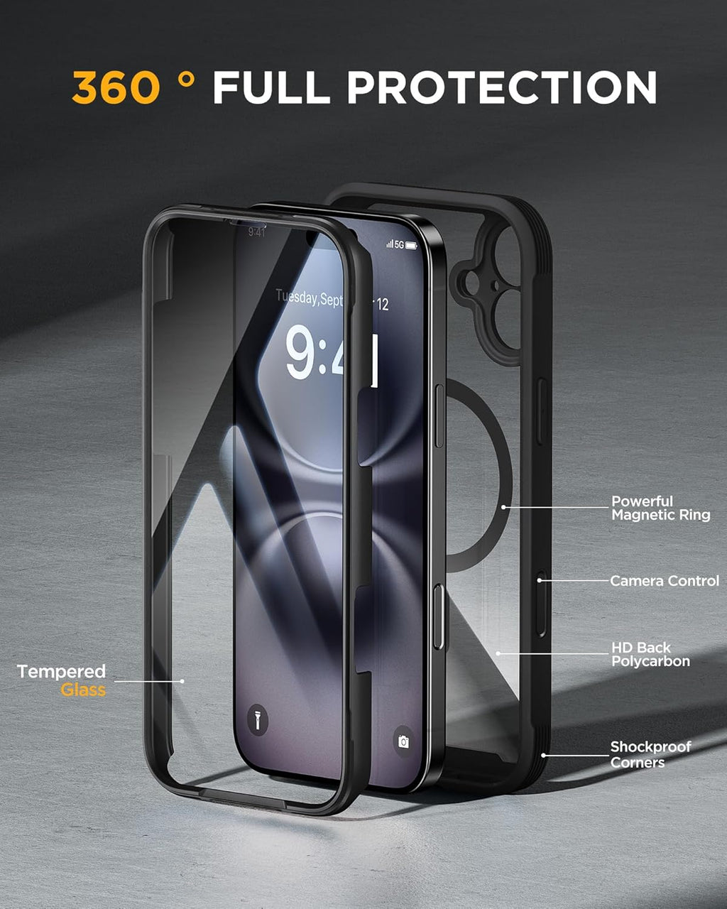 for iPhone 16 Case 6.1'', Full-Body Bumper Phone case with Built-in Full Glass Screen &Camera Control,No