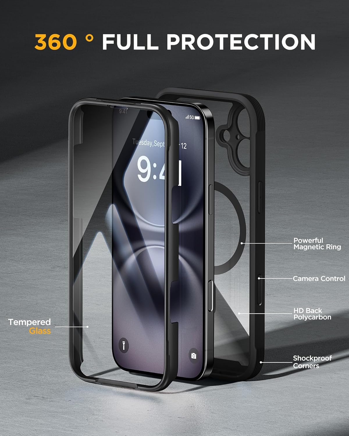for iPhone 16 Case 6.1'', Full-Body Bumper Phone case with Built-in Full Glass Screen &Camera Control,No