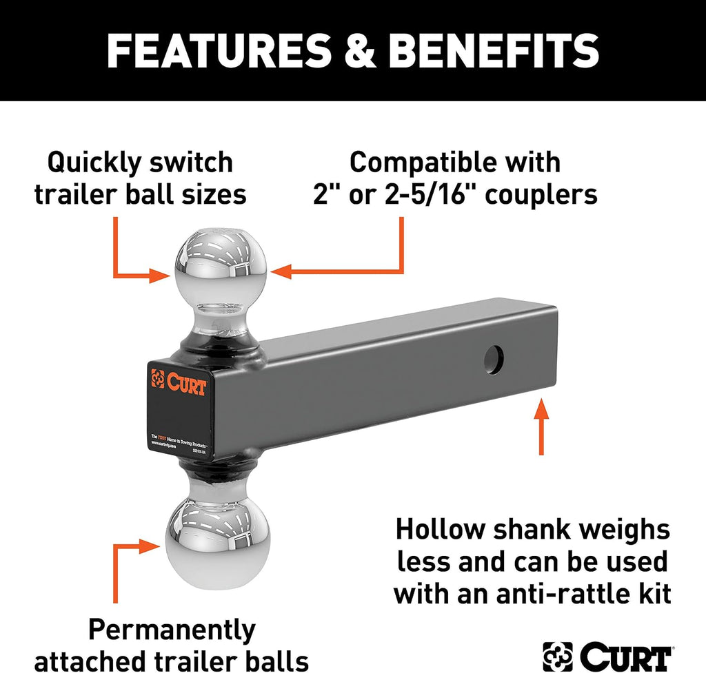 45002 Multi Ball Mount fits 2" or 2-5/16" Couplers | Mounts on Trailer Hitches with a 2" x 2" Receiver Tube Opening |