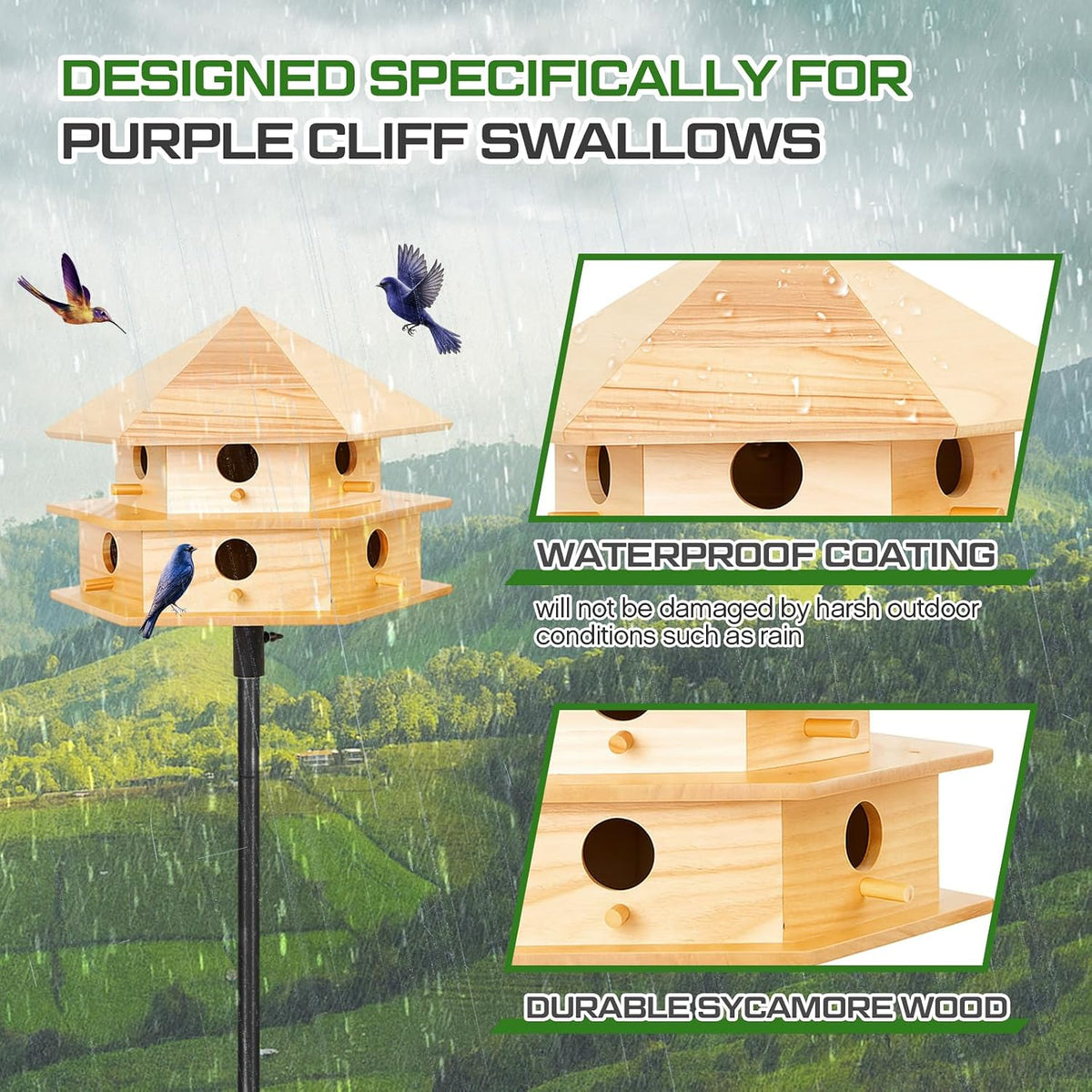 12 Room Purple Martin House and Pole Kit, Wood Color