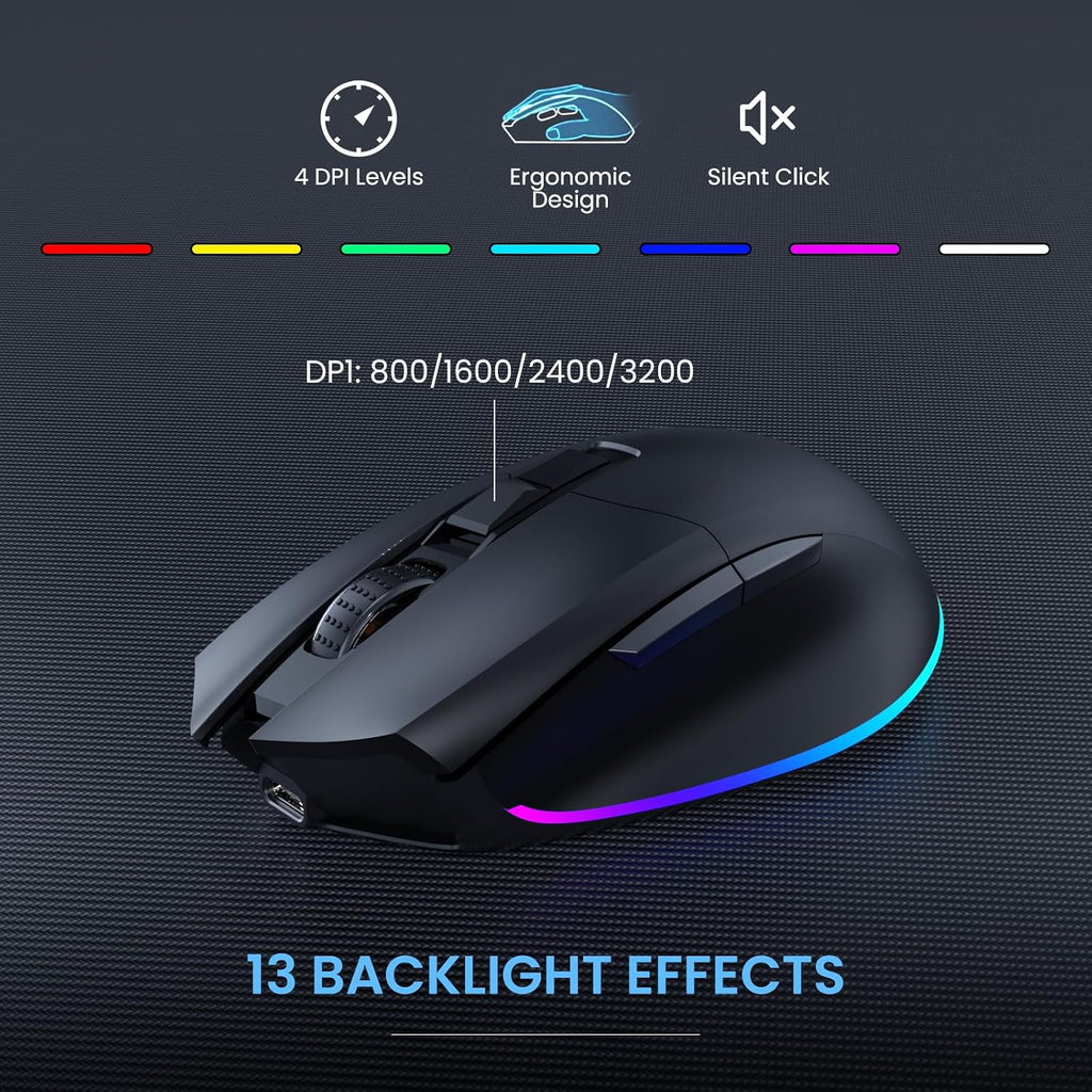 RGB Wireless Keyboard Mouse Combo with Ergonomic Wave, Silent Rechargeable | Soft Leather Wrist Rest, Light up