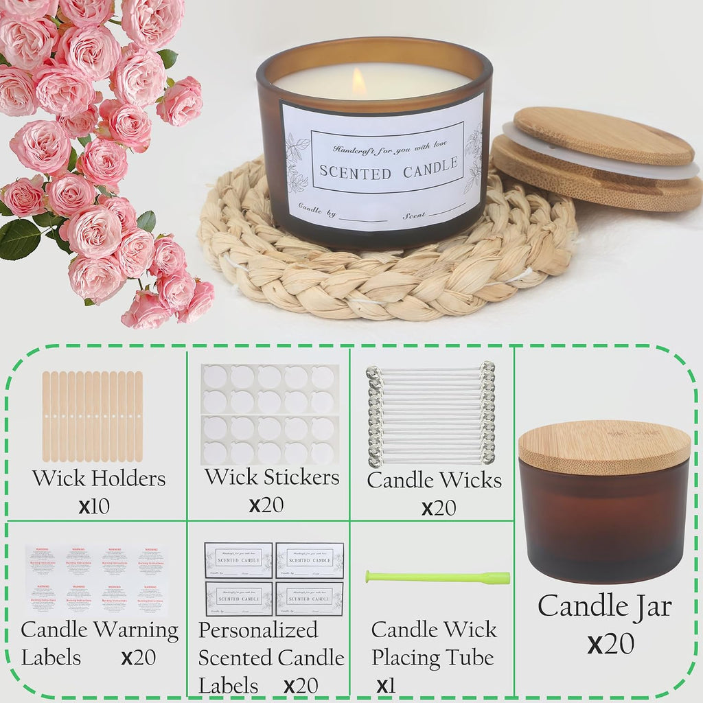 20 Pack 4 OZ Frosted Amber Glass Candle Jars with Lids and Candle Making Kits - Bulk Wide Mouth Small Empty Candle