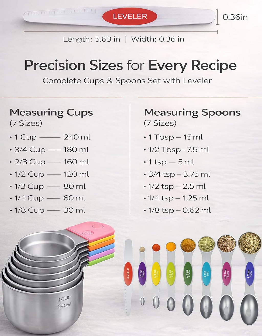Magnetic Measuring Cups and Spoons Set304 Stainless Steel Dual Scale Set of 15, Strong N52 Magnetic Nesting Design