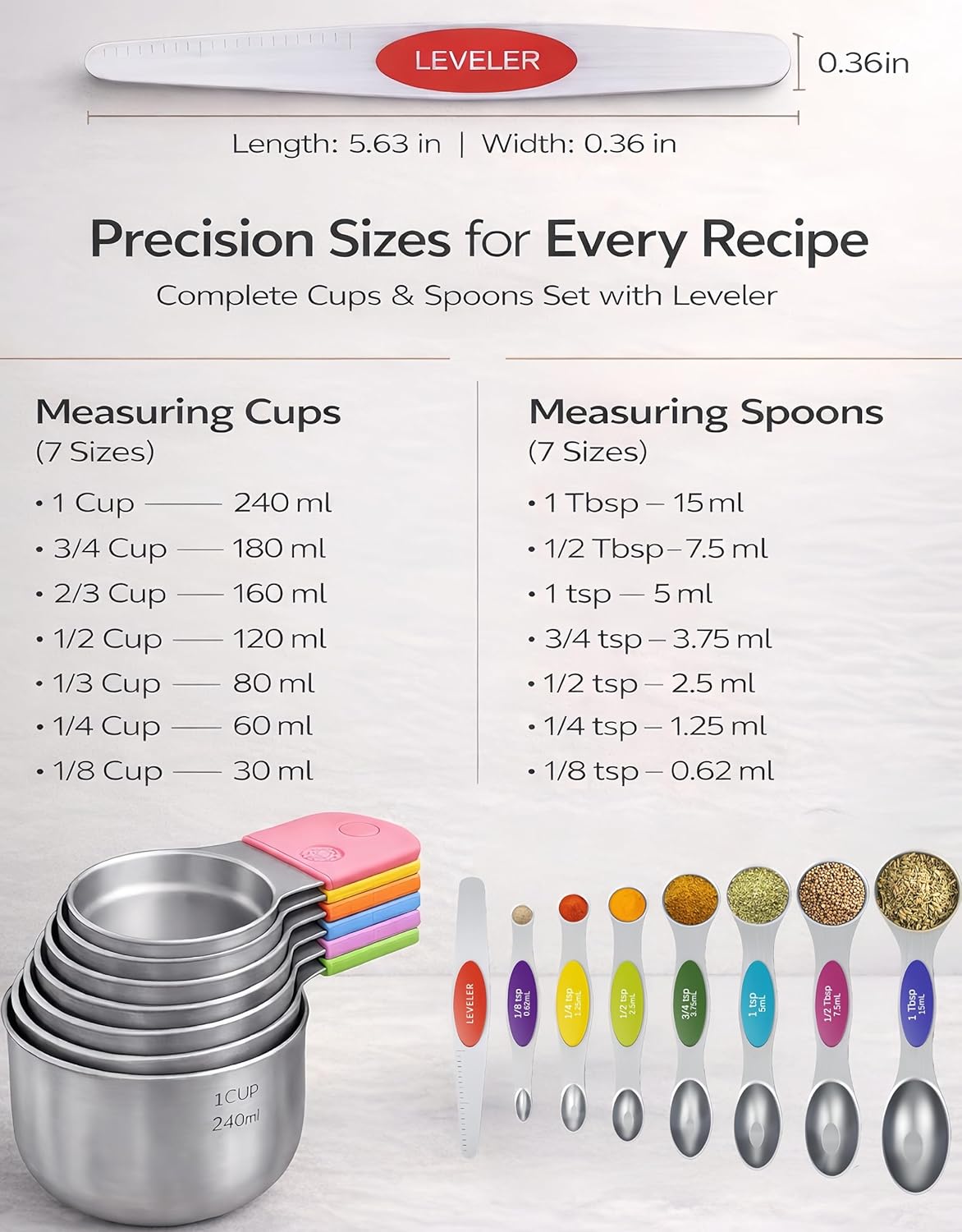 Magnetic Measuring Cups and Spoons Set304 Stainless Steel Dual Scale Set of 15, Strong N52 Magnetic Nesting Design