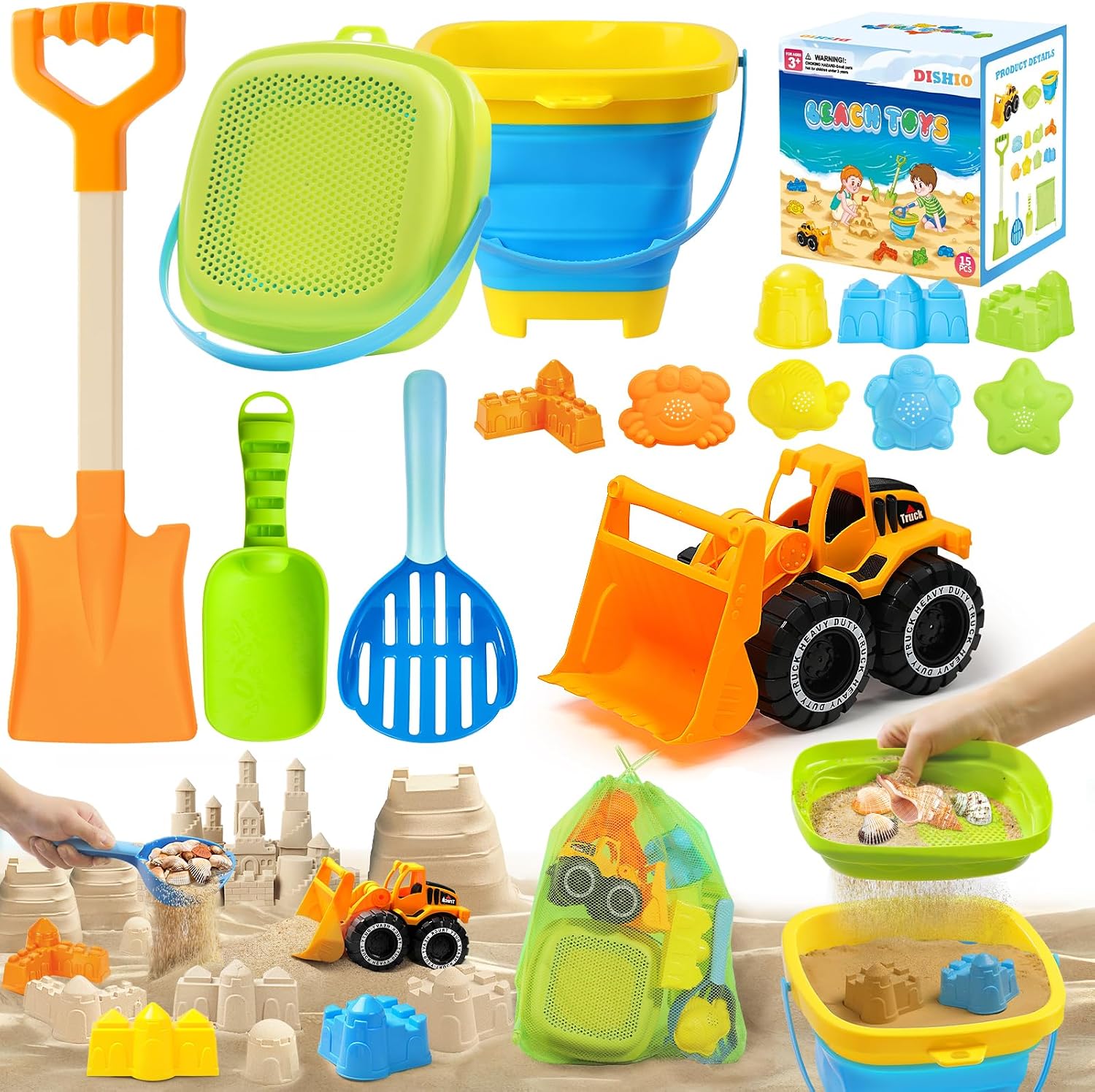 Collapsible Beach Sand Toys for Kids, Sandbox Toys Summer Travel Essentials | Includes Bucket, Sand Shovel, Beach