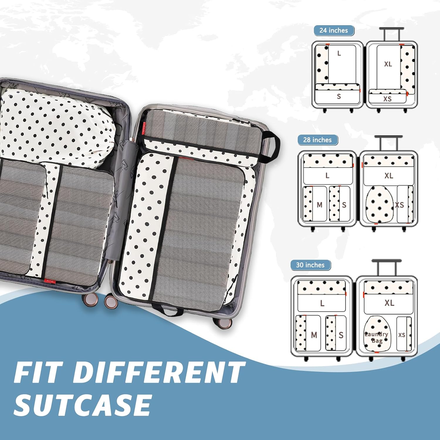 6 Set Compression Packing Cubes, Travel Organizers (Polka Dot) | Space-Saving & Drawstring Bag Included