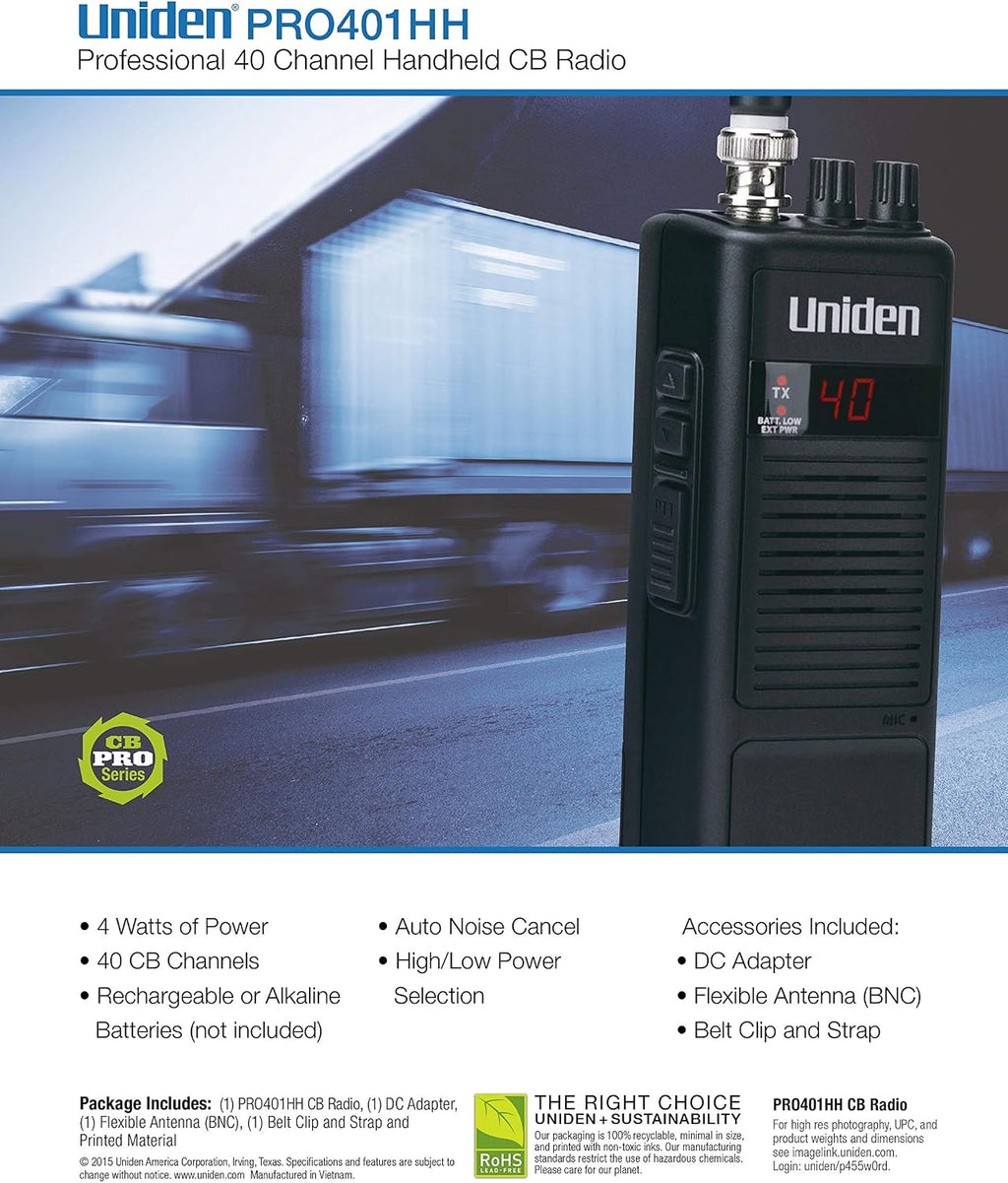 PRO401HH Professional Series 40 Channel Handheld CB Radio, 4 Watts Power with Hi/Low Power Switch, Auto noise