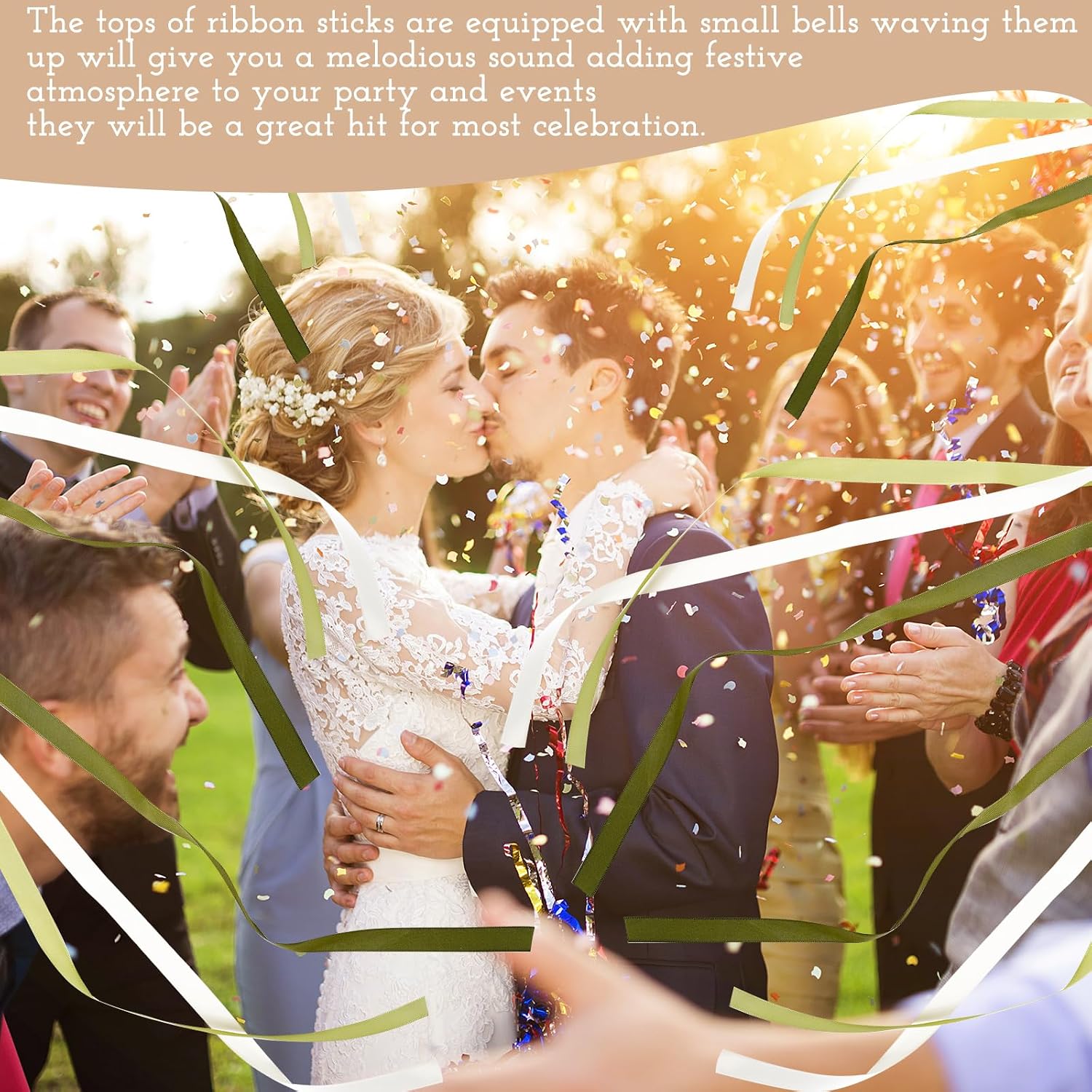 40Pcs Wedding Ribbon Sticks with Bells White Sage Green Streamers Fairy Stick Wands Ribbon Tassel Wands for Baby