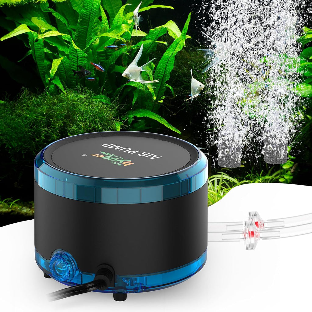 Aquarium Air Pump Dual Outlet, Quiet Powerful Fish Tank Aerator 4W/8W, Adjustable Oxygen Pump with Air Stone, Bubbler