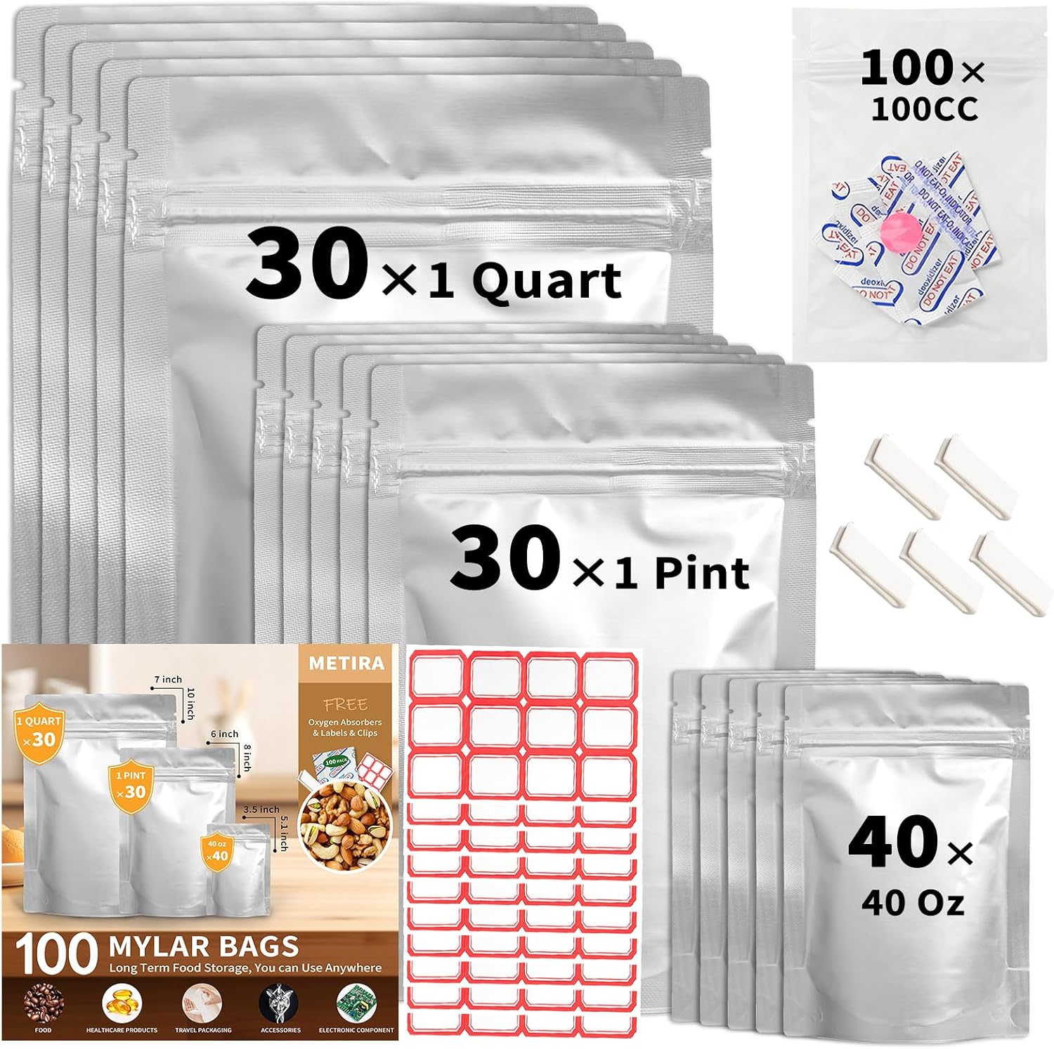 Mylar Bags with Oxygen Absorbers for Food Storage, 100cc, 100 PCS | 100cc absorbers + 3-size Mylar bags