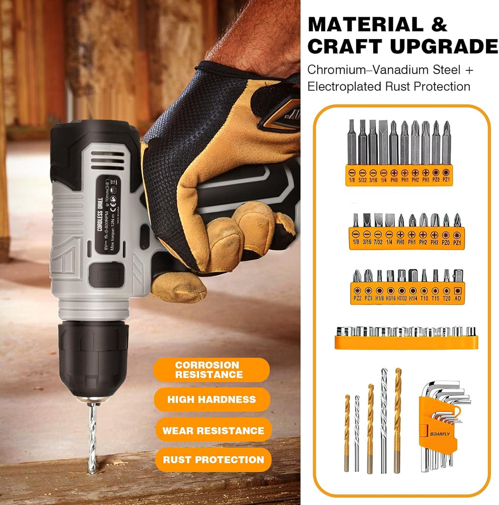 Upgraded 180 Piece Tool Set, Tool Kit with 8V Cordless Drill Set, General Household Hand Drill Kit for Men and Women