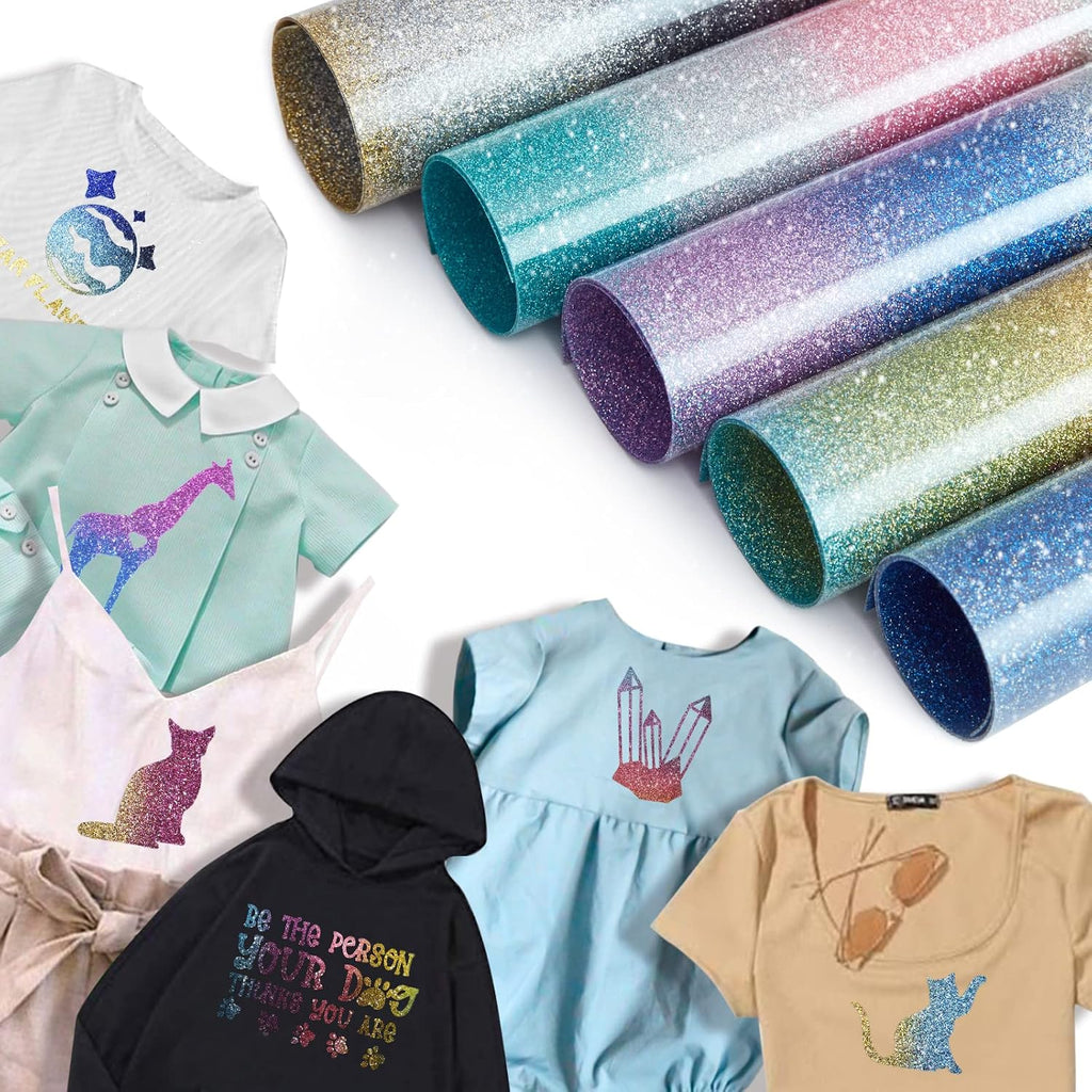 Rainbow Gradient Glitter HTV Vinyl, 5 Sheets 12×10in Iron on Vinyl | Sparkly Ombre Glitter HTV sheets,easy cut &