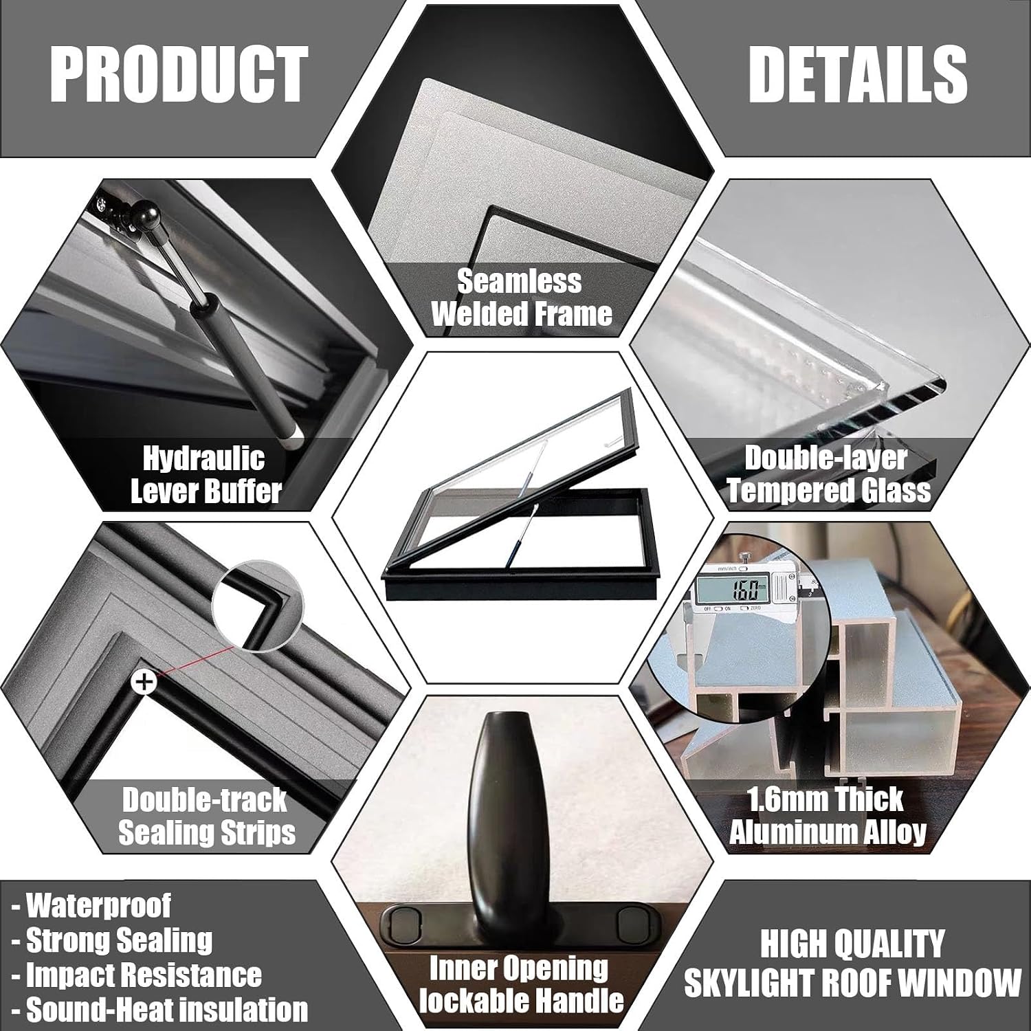 39x22 Sun Room Skylight Roof Window, Aluminum Roof Access Hatc with Double-Panel Tempered Glass, Sealing Strips